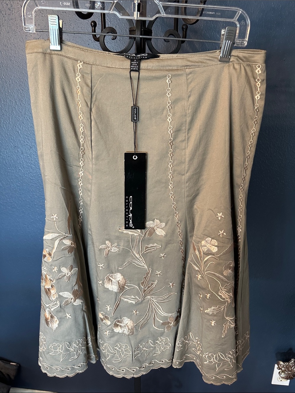 Coupe Collection Olive Green Embroidered A-Line Skirt